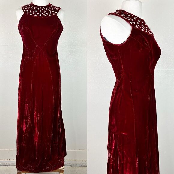 Vintage 70s Velvet Maroon High Neck Rhinestone Gown Dress Maxi Hostess Cocktail - Picture 1 of 10